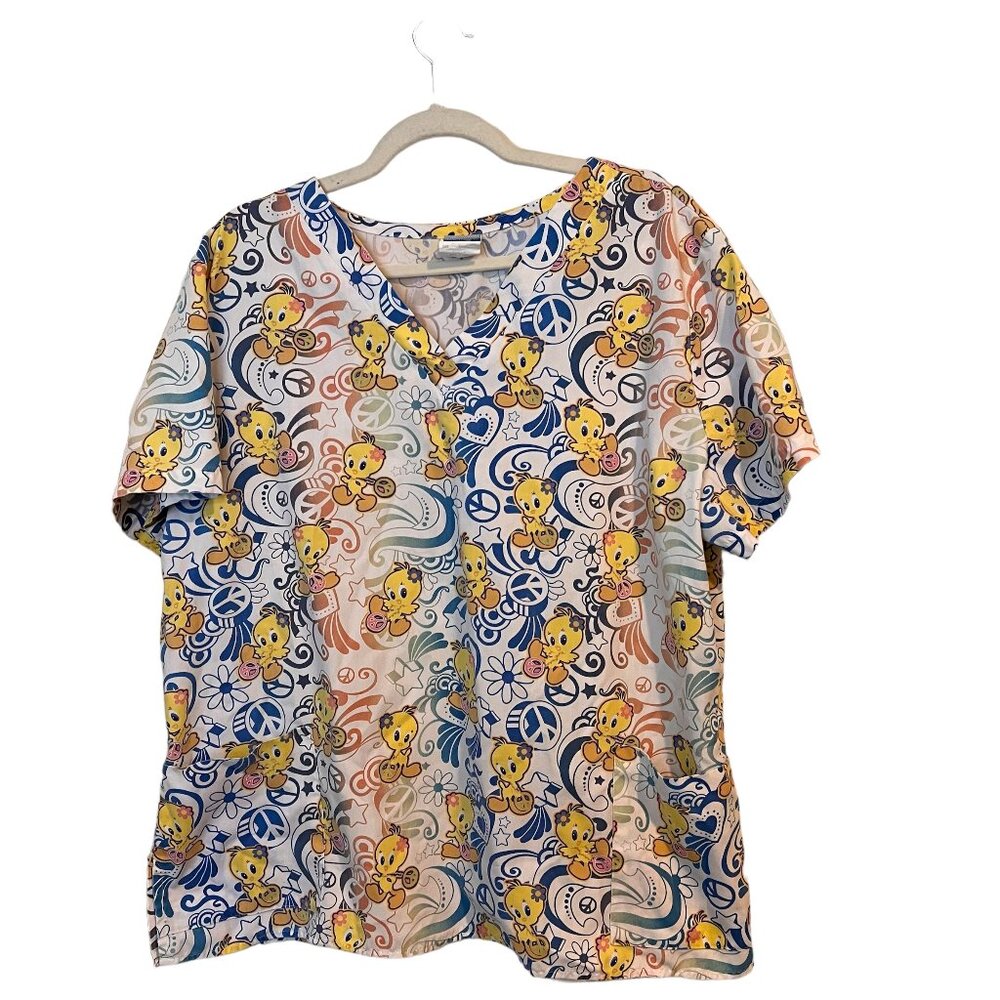 Looney Tunes Scrubs Top with Tweety Bird & Peace Signs